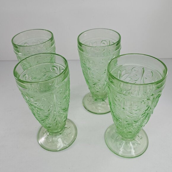 Tiara Indiana Glass 4 Chantilly Green Sandwich 10 oz Footed Iced Tea Tumblers - Picture 6 of 6